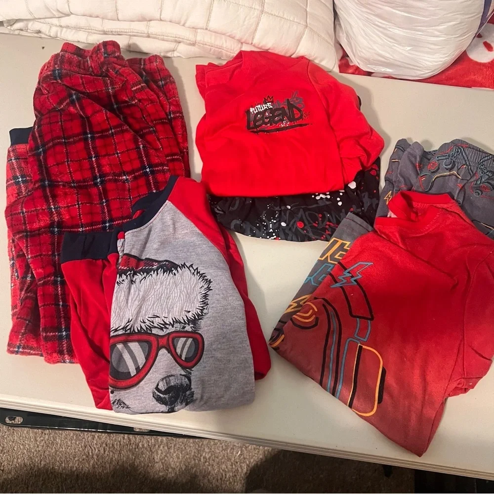 Pajama Bundle Red and Gray Long Sleeve, Shorts Sleeve Tees and Fleece Pant